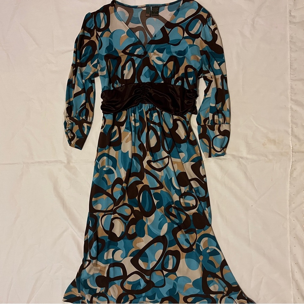 Vintage Sere Nade New York Blue Teal  Brown Abstract Slinky Midi Dress - Size L